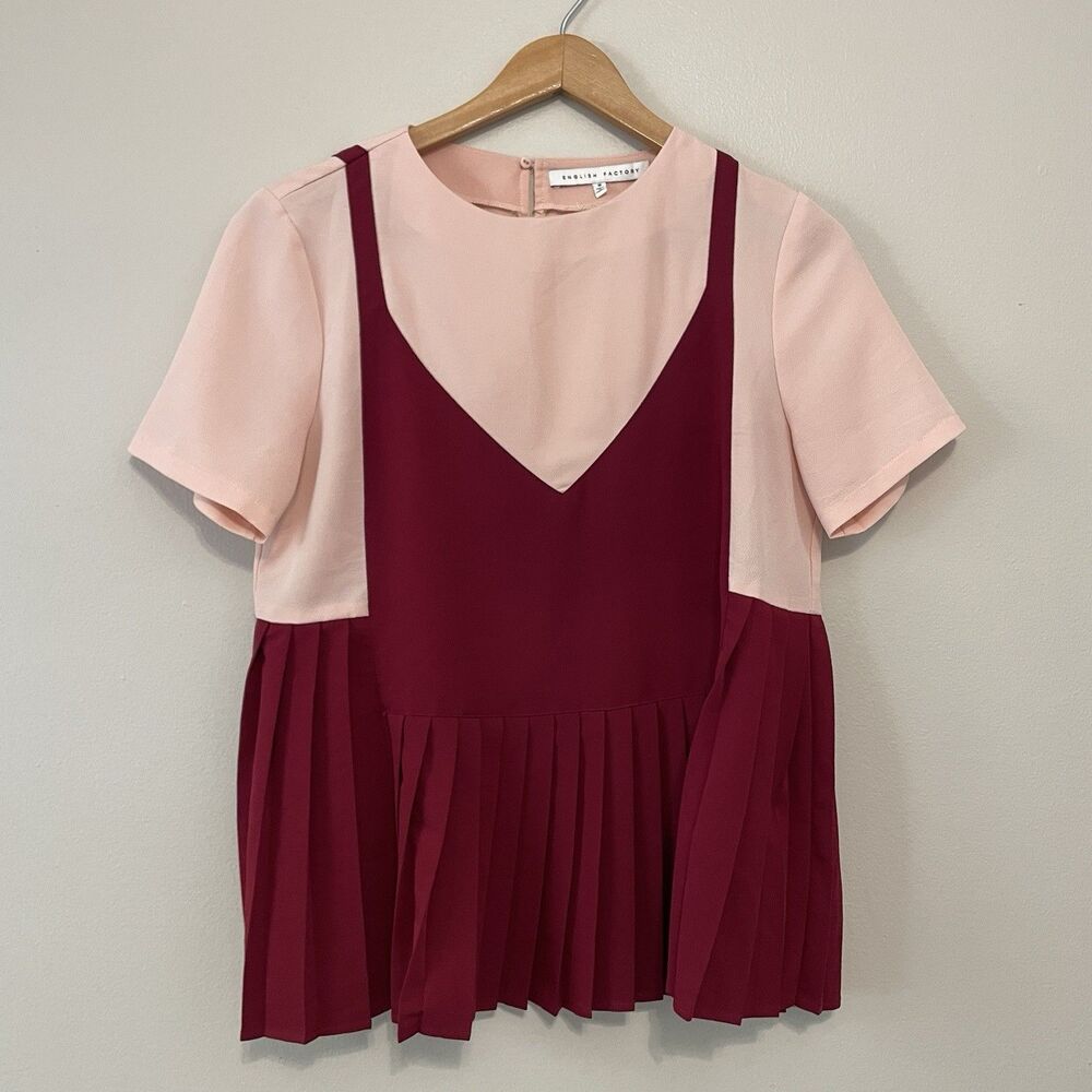 English Factory Pleated Color Block Top M Maroon Pink Academia Preppy Twee